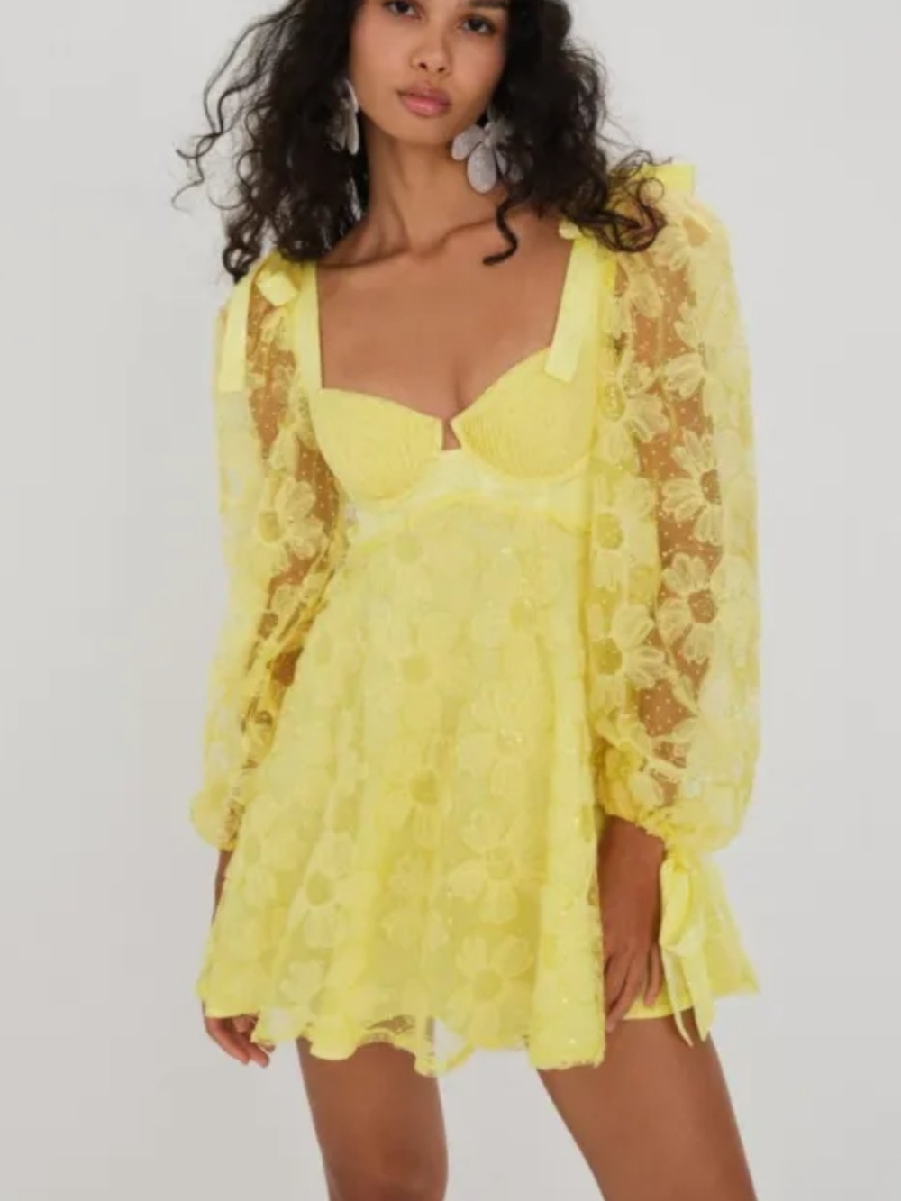 NWT! For Love & Lemons Yellow Floral Lace Mini Dress
